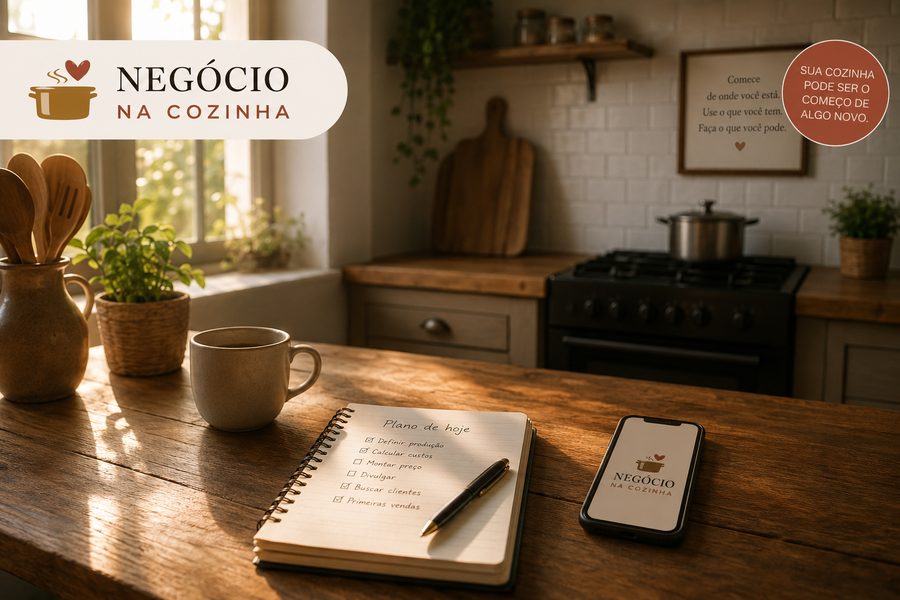 Manual Prático Negócio na Cozinha: planejamento anotado, celular com o app e cozinha ao fundo