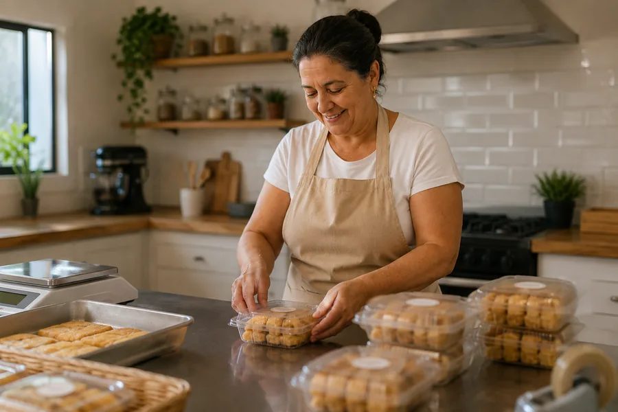 Mulher preparando e embalando sua produção de alimentos na cozinha de casa